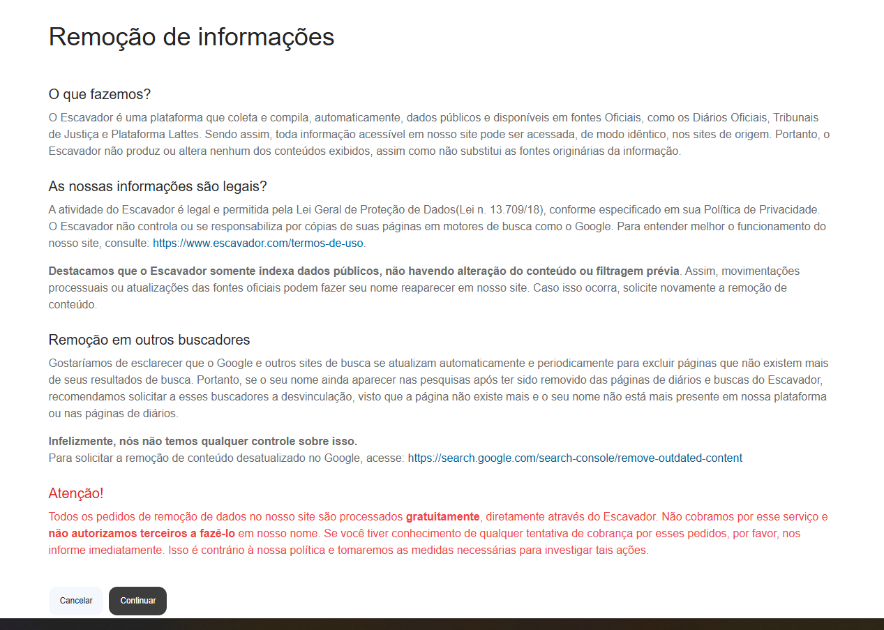 Tela de aviso do Escavador antes do formulário de remoção