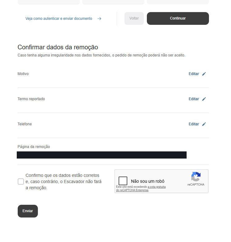 Tela de confirmação dos dados da remoção, com reCAPTCHA e botão Enviar
