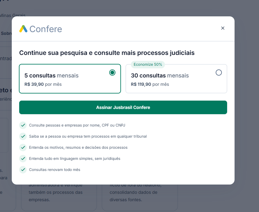 Tela do JusBrasil oferecendo o plano Confere, a partir de R$ 39,90 por mês por 5 consultas